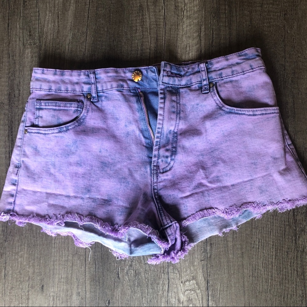 Acid wash purple fringe shorts